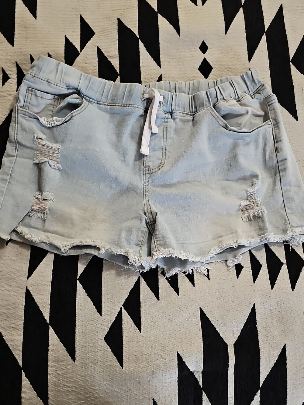 Light Blue Distressed Women’s Denim Shorts with Drawstring Waist